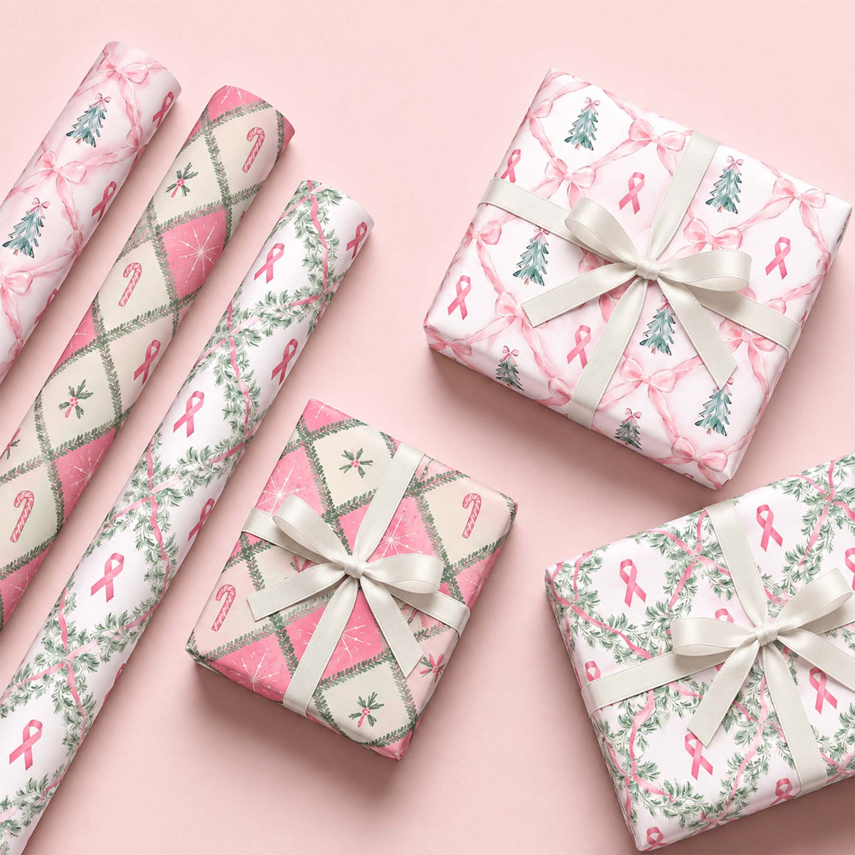 Personalized Festive Pink Ribbon Christmas Tree Breast Cancer Awareness Wrapping Paper