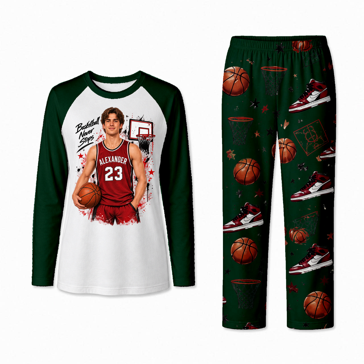 Personalized Custom Photo Basketball Matching Family Pajamas, Custom Name & Number