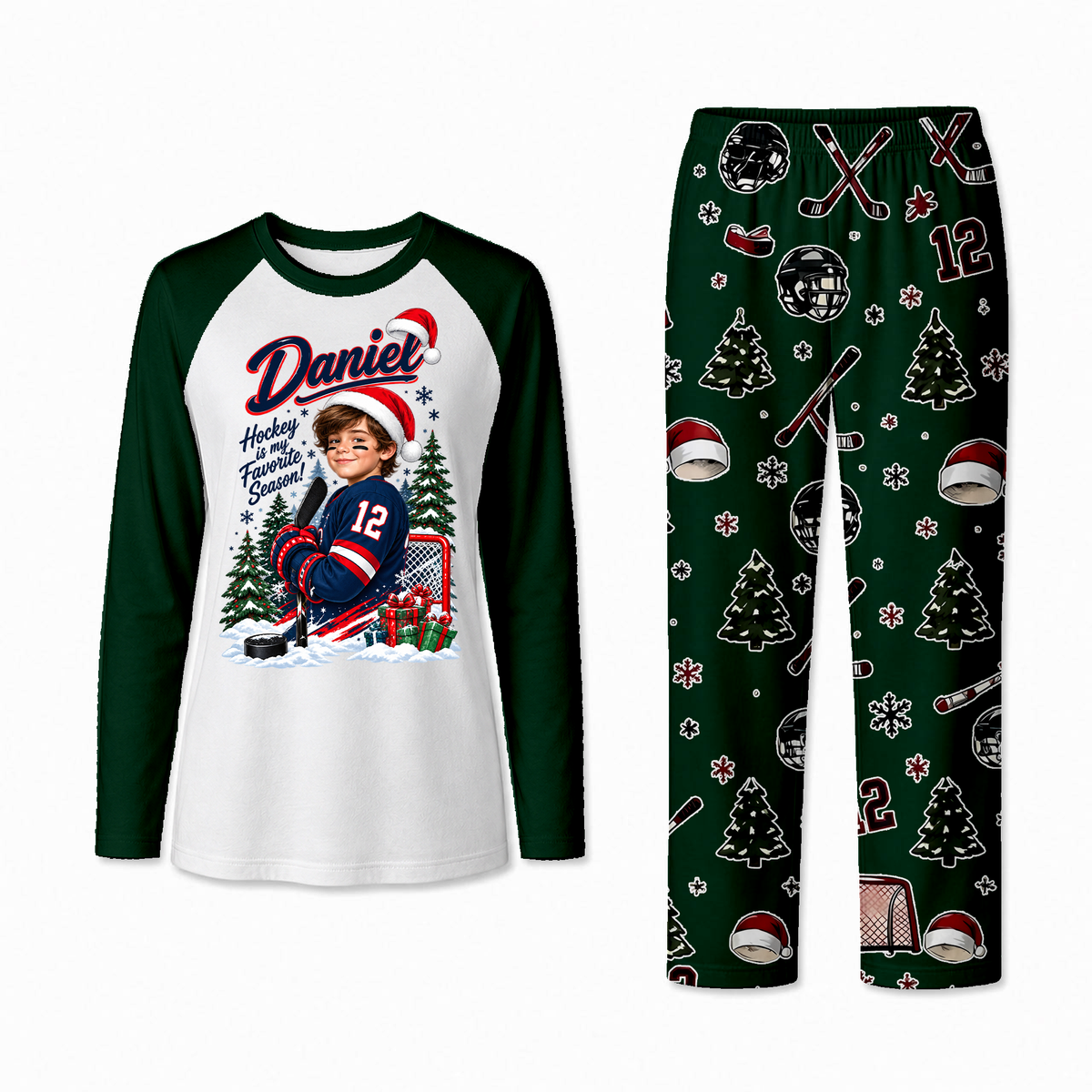 Personalized Hockey Christmas Matching Family Pajamas With Pet, Custom Photo Name & Number
