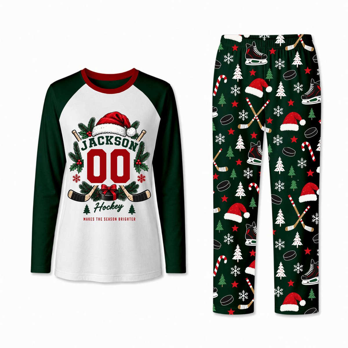 Personalized Hockey Christmas Custom Name And Number Family Matching Pajamas