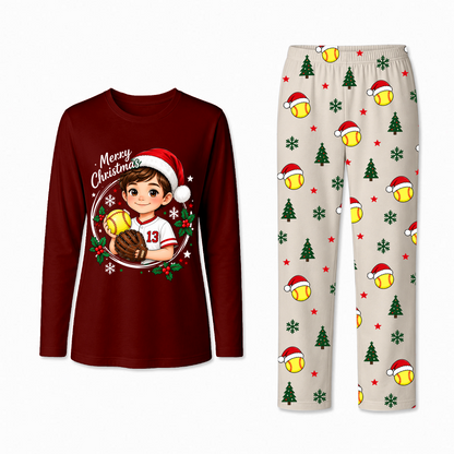 Custom Photo Cute Softball Christmas Player Matching Family Christmas Pajamas