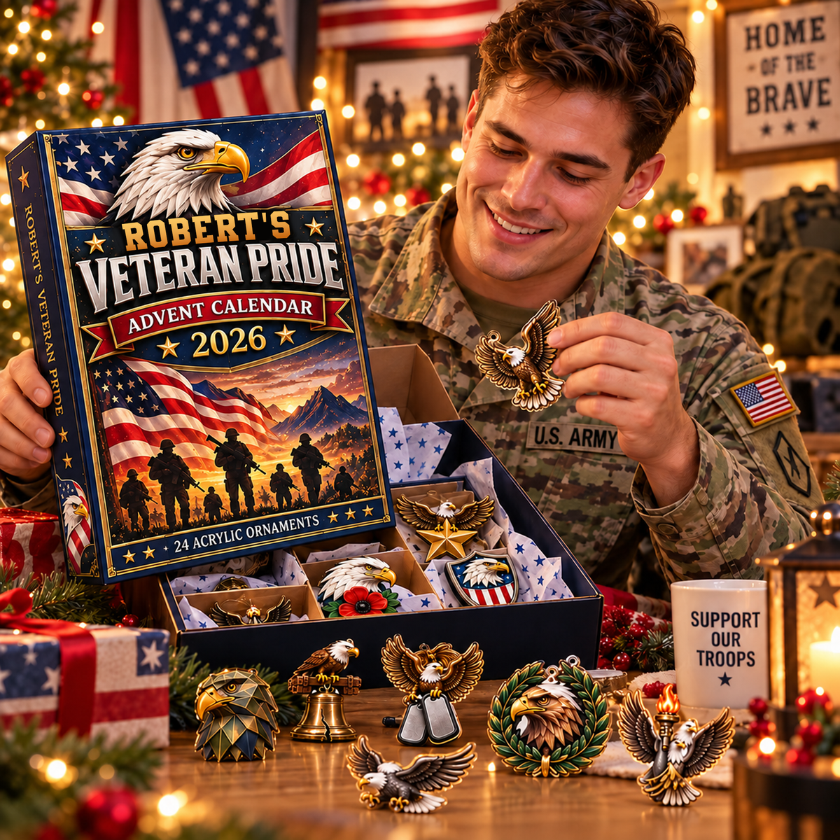 Personalized Veteran Pride Advent Calendar With Custom Name, 24 Acrylic Eagle Christmas Ornaments