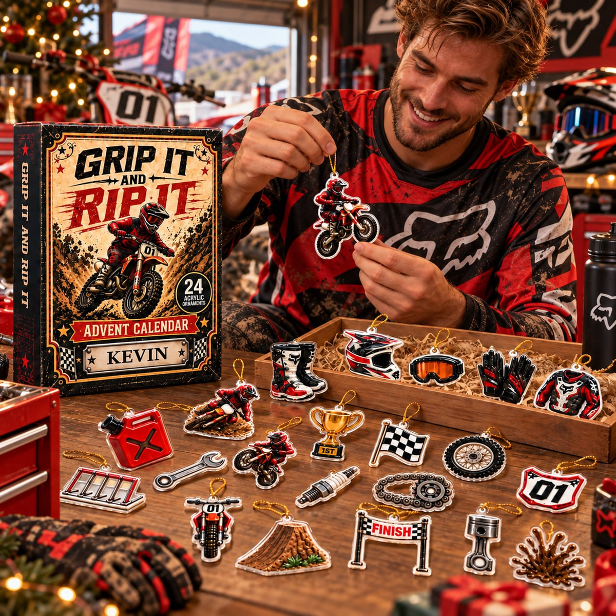 Personalized Motocross Christmas Advent Calendar With Custom Name, 24 Acrylic Ornaments