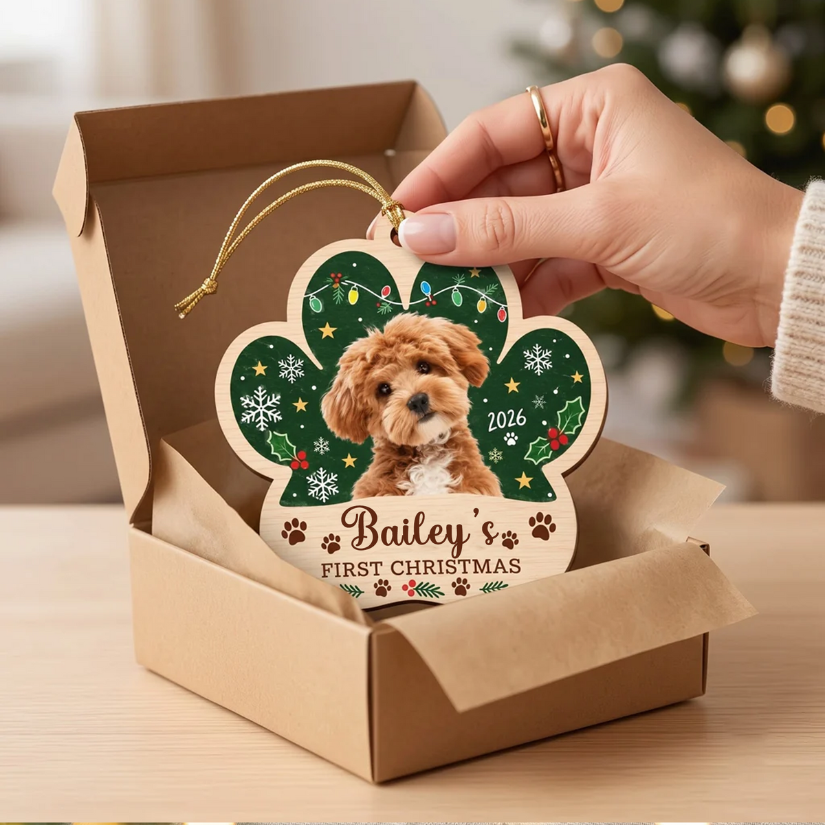Dog's First Christmas Custom Photo Name Dog Photo Wooden Ornament