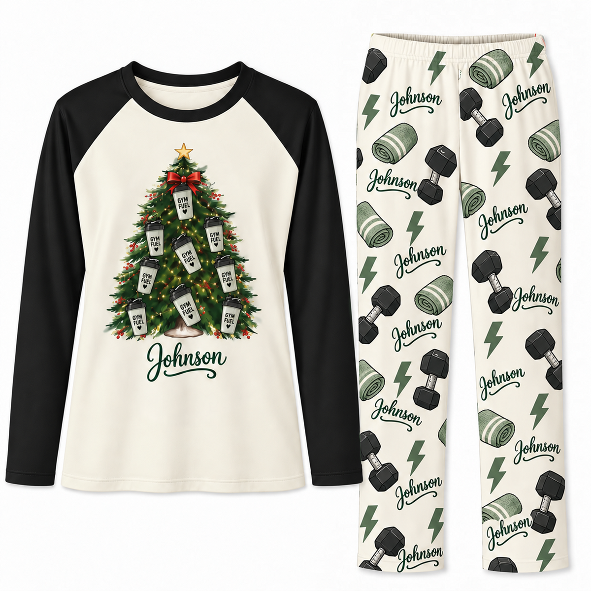 Personalized Name Gym Fuel Christmas Tree Matching Pajamas