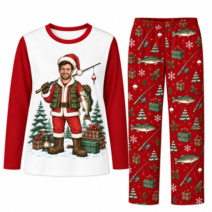 Custom Photo Funny Fishing Santa Claus Fisherman Matching Christmas Pajamas