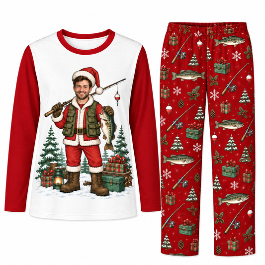 Custom Photo Funny Fishing Santa Claus Fisherman Matching Christmas Pajamas