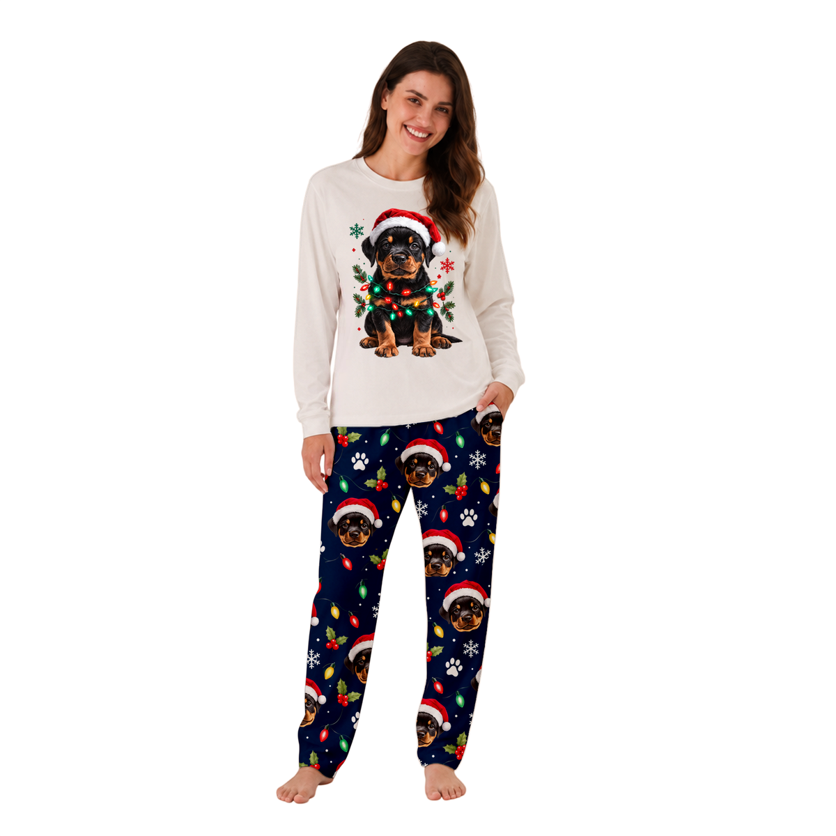 Custom Pet Photo Cute Christmas Lights Rottweiler Matching Family Christmas Pajamas
