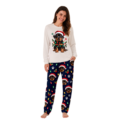 Custom Pet Photo Cute Christmas Lights Rottweiler Matching Family Christmas Pajamas