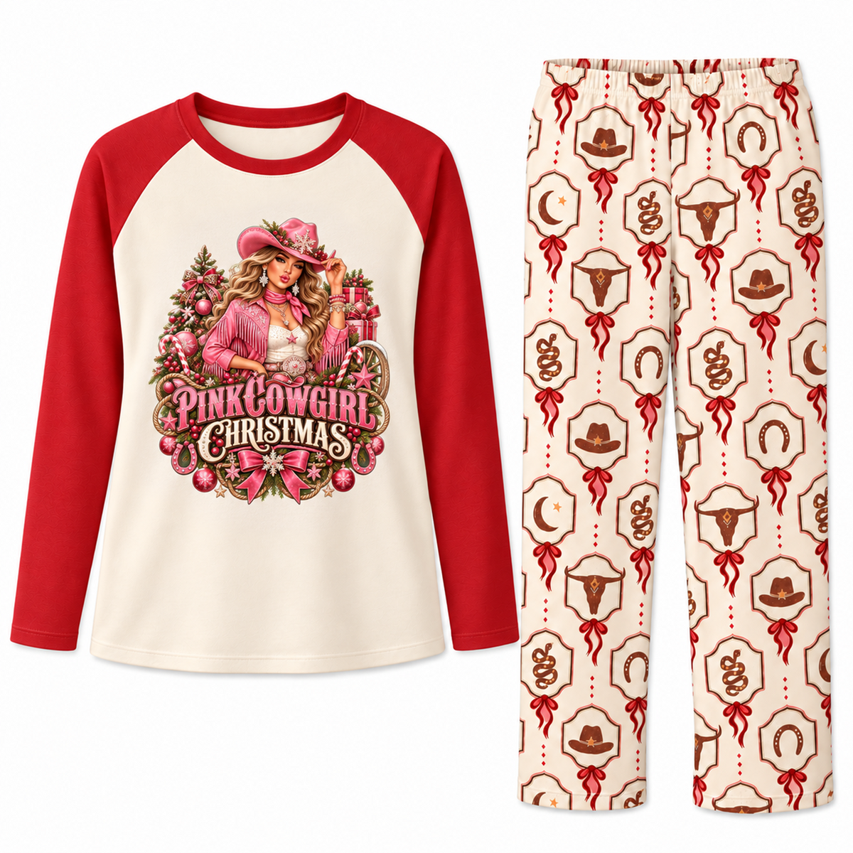 Personalized Pink Cowgirl Christmas Western Pajama Set