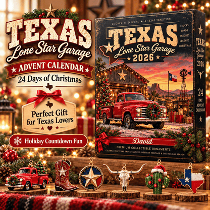 Personalized Texas Lone Star Garage Advent Calendar With Custom Name, 24 Texas Christmas Ornaments