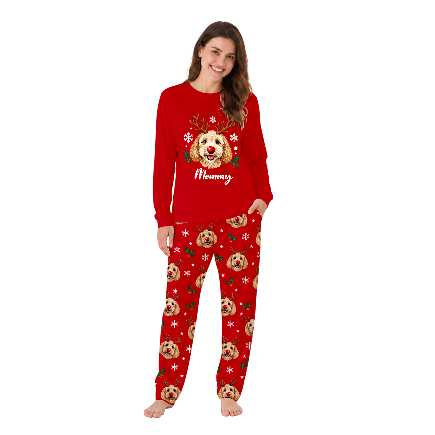Custom Name Cute Dog Lover Reindeer Matching Family Christmas Pajamas With Pet