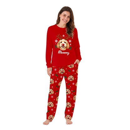 Custom Name Cute Dog Lover Reindeer Matching Family Christmas Pajamas With Pet