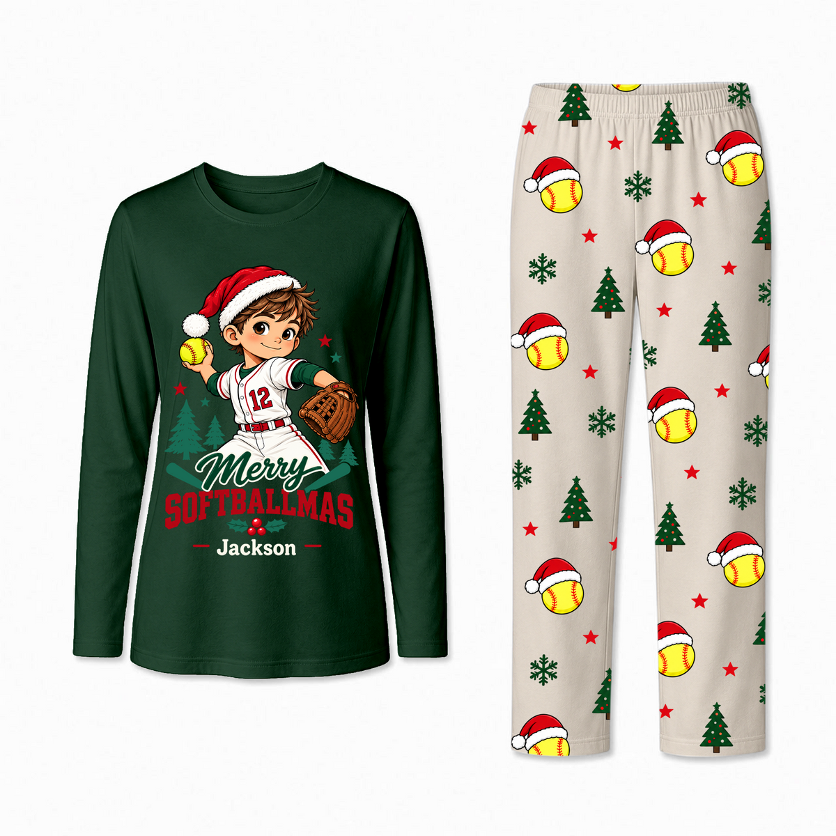 Custom Photo Cute Softball Christmas Player Matching Family Christmas Pajamas