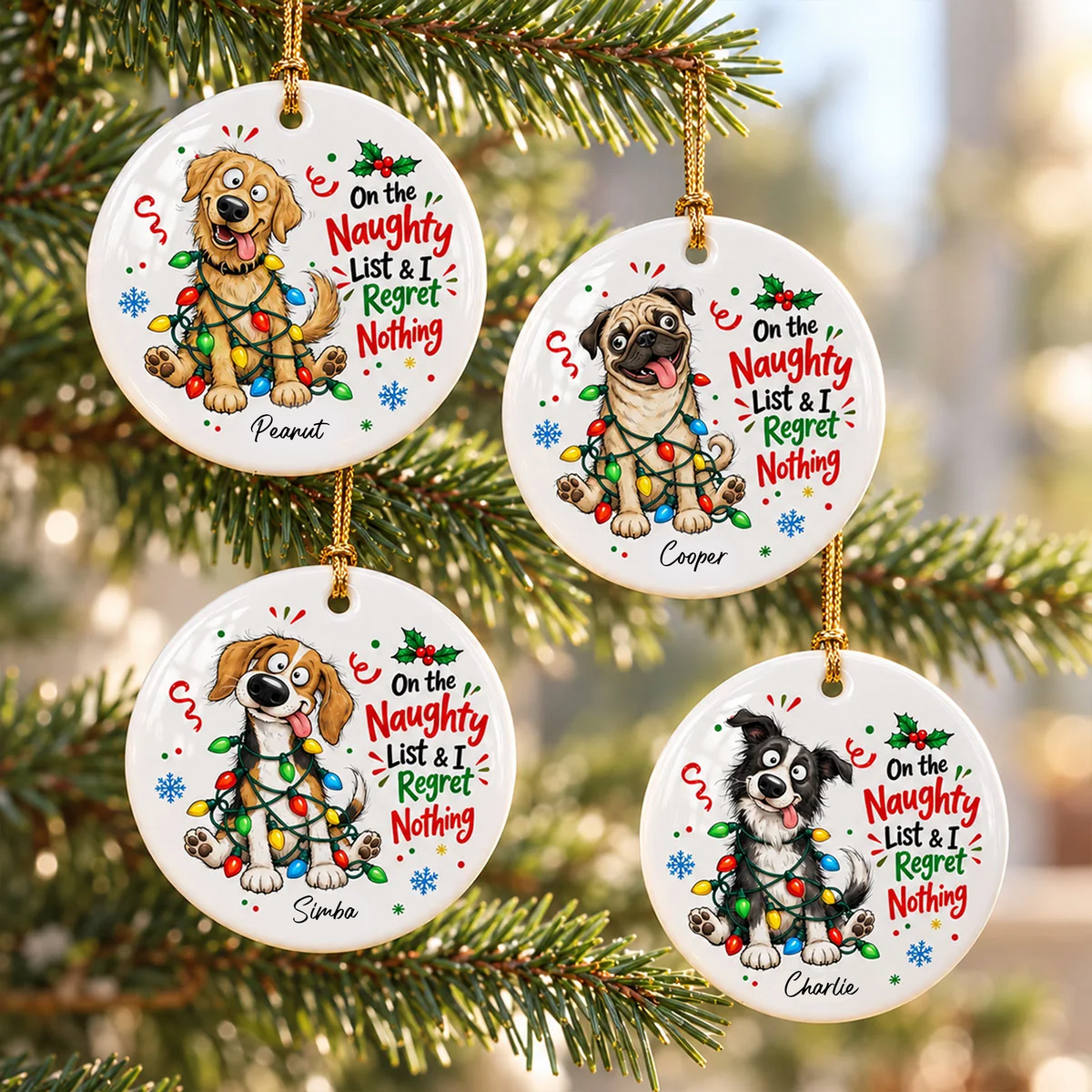 On The Naughty List Regret Nothing Quirky Dog Portrait From Your Custom Pet Photo - Personalized Ceramic Ornament - Funny Christmas Gift For Dog Lover