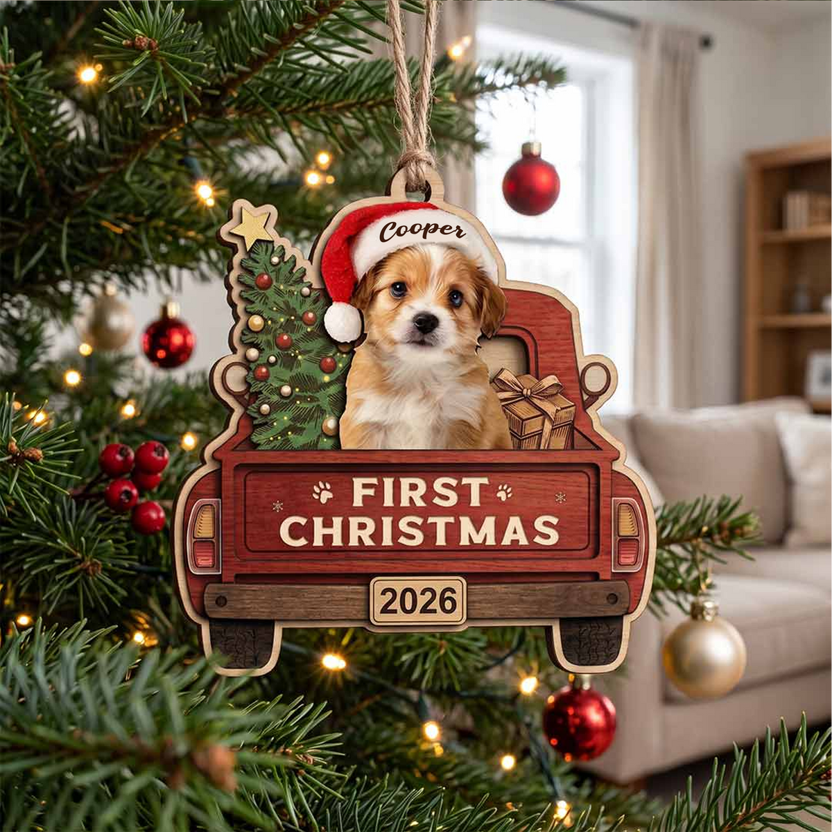Personalized Pet First Christmas 2026 Truck Ornament With Custom Photo & Name