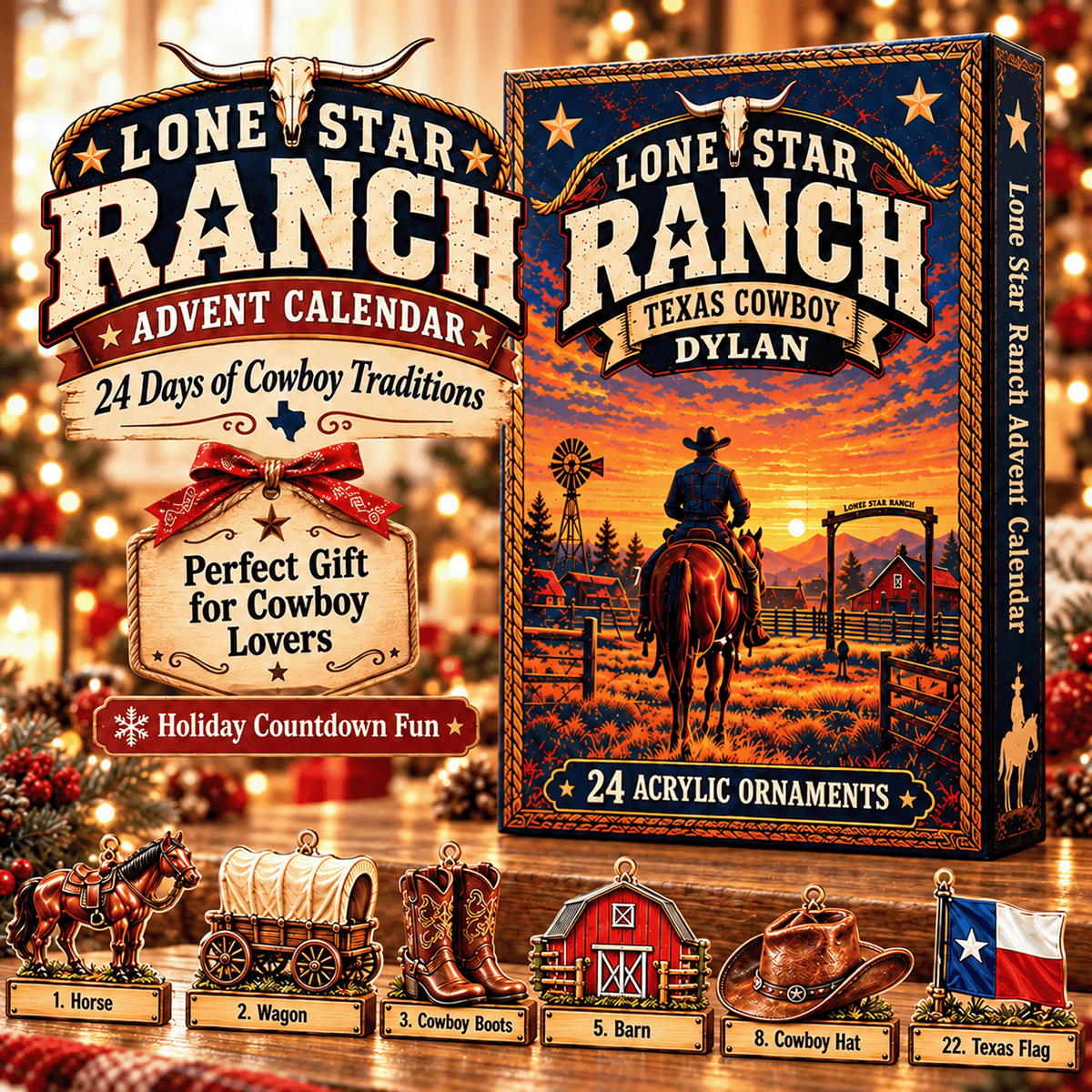 Personalized Texas Cowboy Advent Calendar 2026 – 24 Western Ranch Acrylic Ornaments, Custom Name Christmas Gift