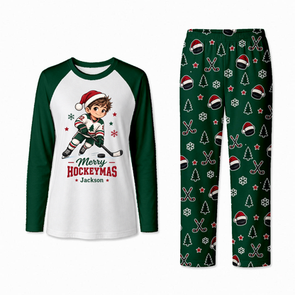 Cute Merry Hockeymas Custom Name Family Christmas Pajamas