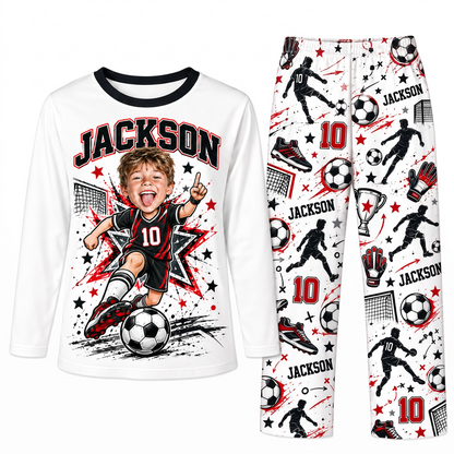 Custom Photo Name & Number Cute Soccer Player Matching Family Pajamas