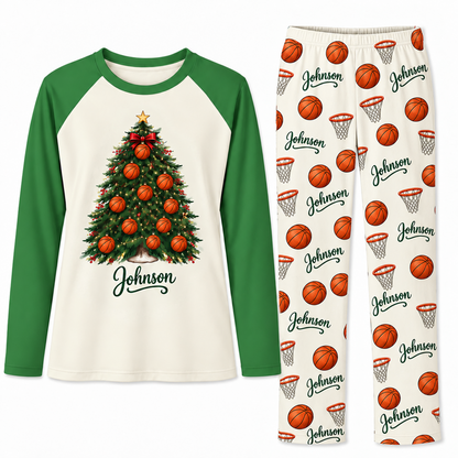 Personalized Name Festive Basketball Christmas Tree Family Pajama Sets