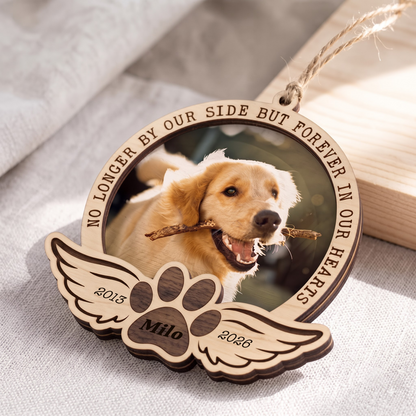 Personalized Pet Memorial Photo Ornament With Custom Name & Dates, Forever In Our Hearts Christmas Keepsake