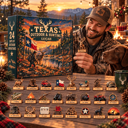 Personalized Texas Outdoor & Hunting Advent Calendar 2026, 24 Acrylic Ornaments, Hunting Christmas Gift for Men, Hunters & Outdoorsmen