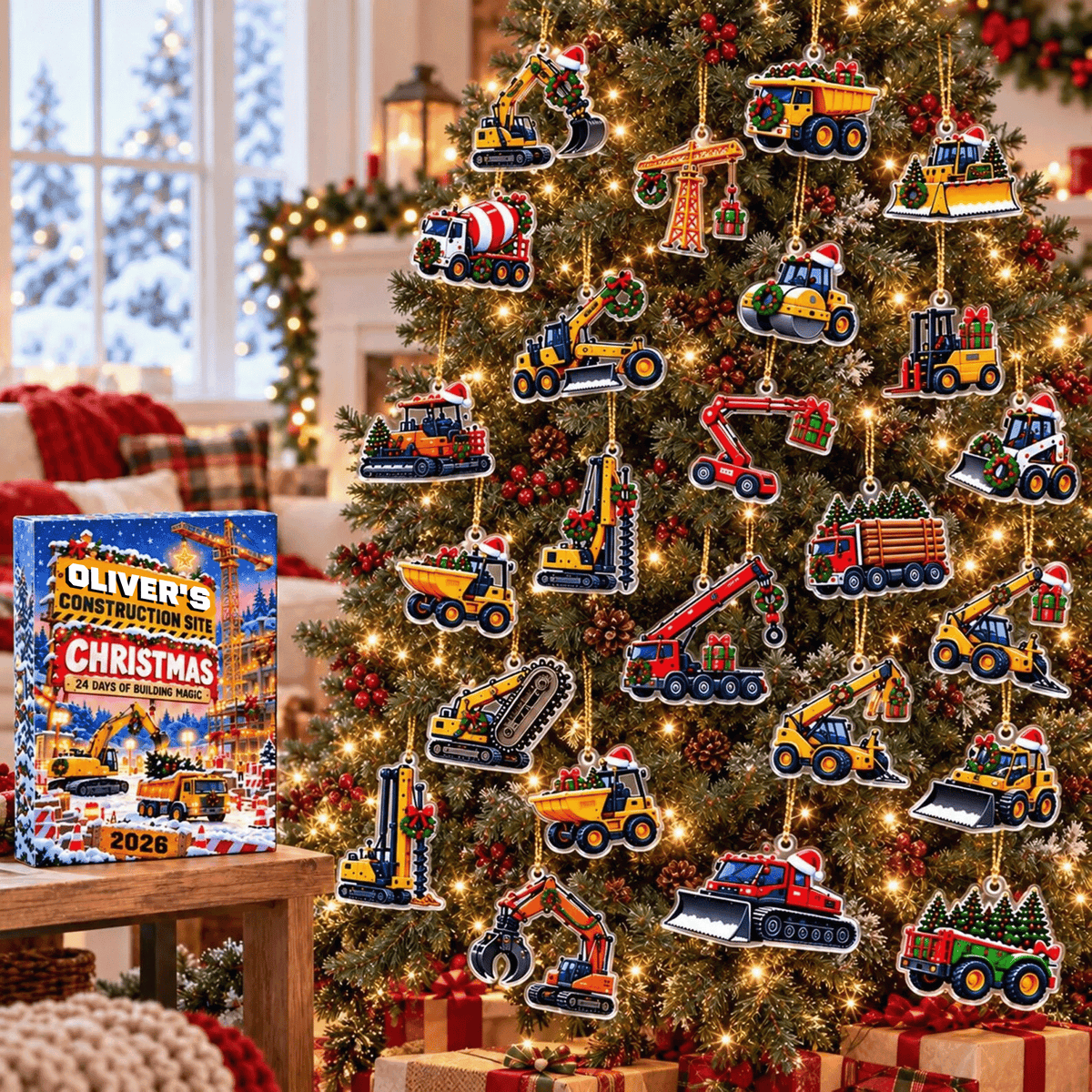 Personalized Construction Vehicle Advent Calendar 2026, Christmas Truck Countdown, Excavator and Digger Ornaments