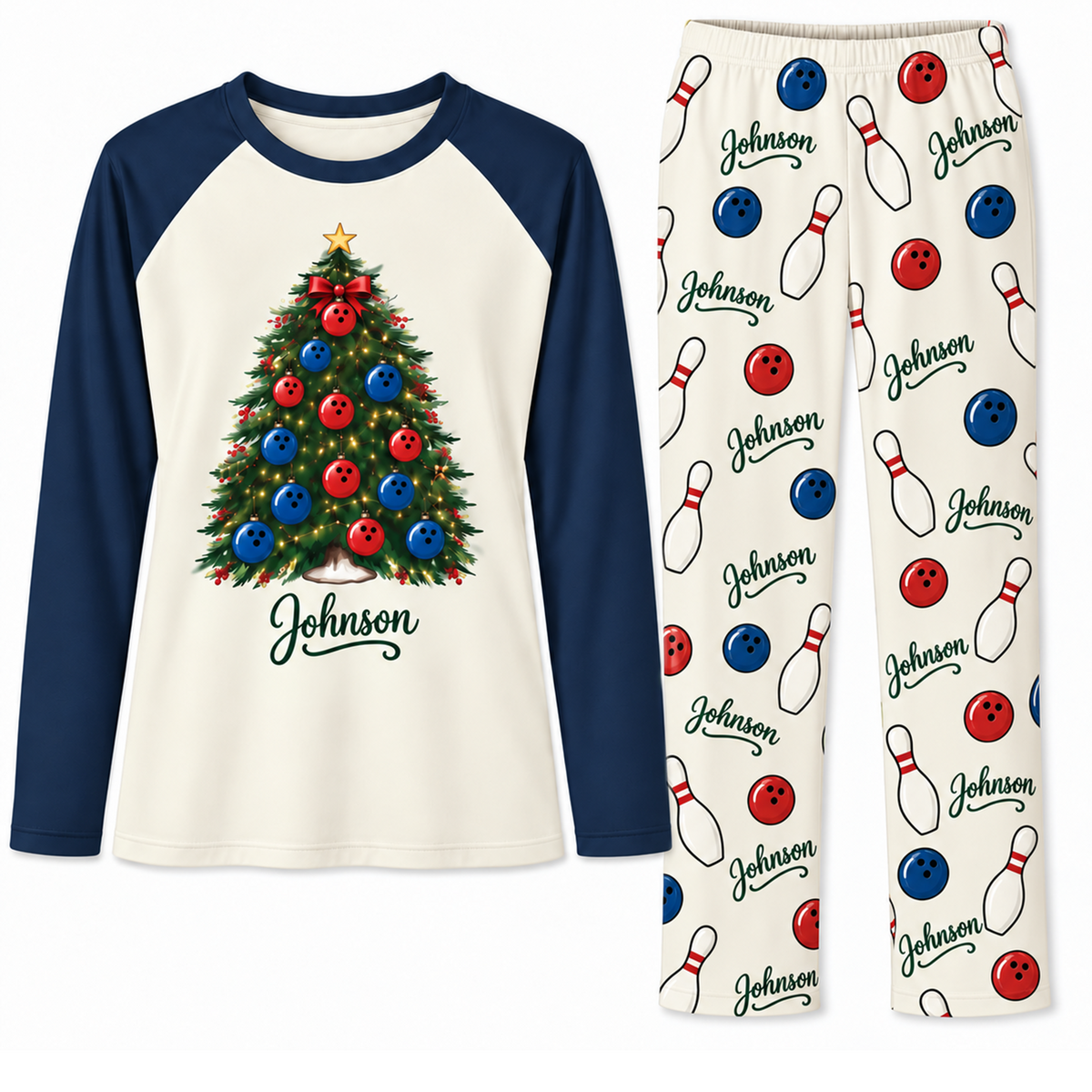 Personalized Name Festive Bowling Christmas Tree Family Pajama Sets