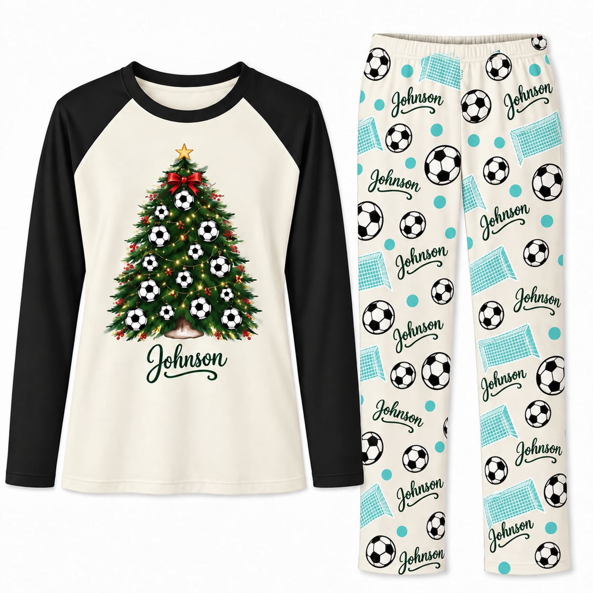 Custom Name Soccer Christmas Tree Matching Pajama Sets