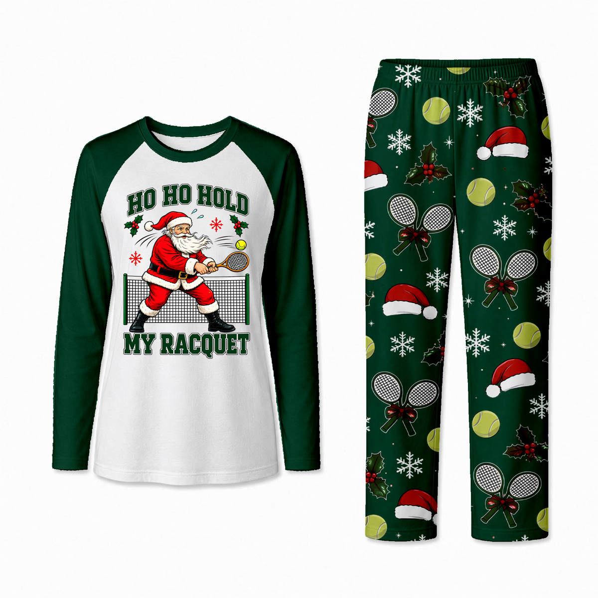 Funny Ho Ho Hold My Racquet Santa Tennis Matching Family Christmas Pajamas