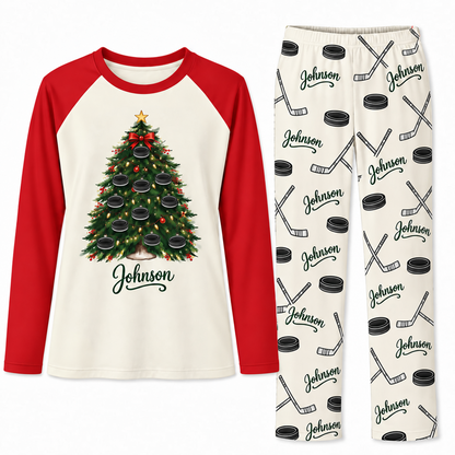 Custom Name Ice Hockey Christmas Tree Matching Pajama Sets