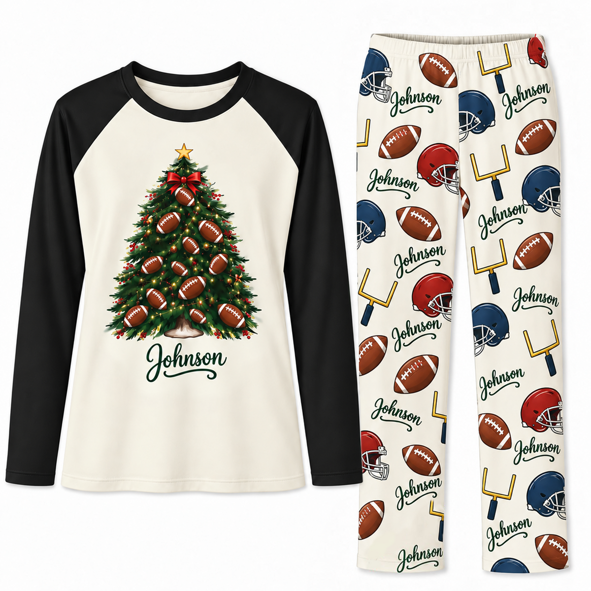 Custom Name American Football Christmas Tree Matching Pajama Sets
