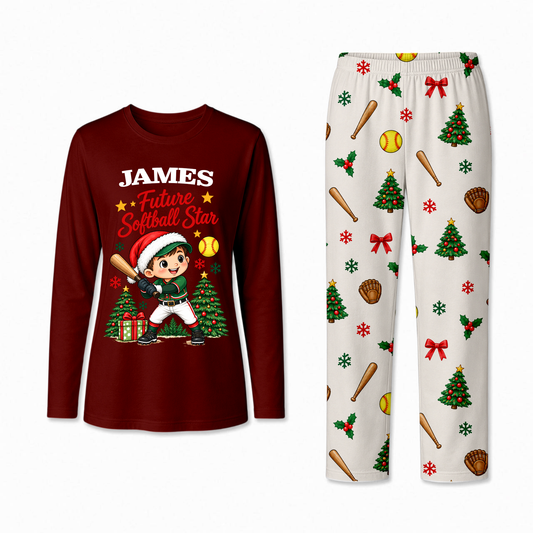Personalized Softball Christmas Pajamas Custom Name Family Matching Holiday Pajama