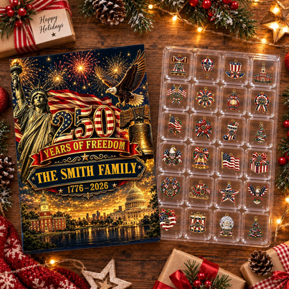 Personalized 250 Years Of Freedom Advent Calendar With Custom Family Name, 24 Patriotic Christmas Ornaments