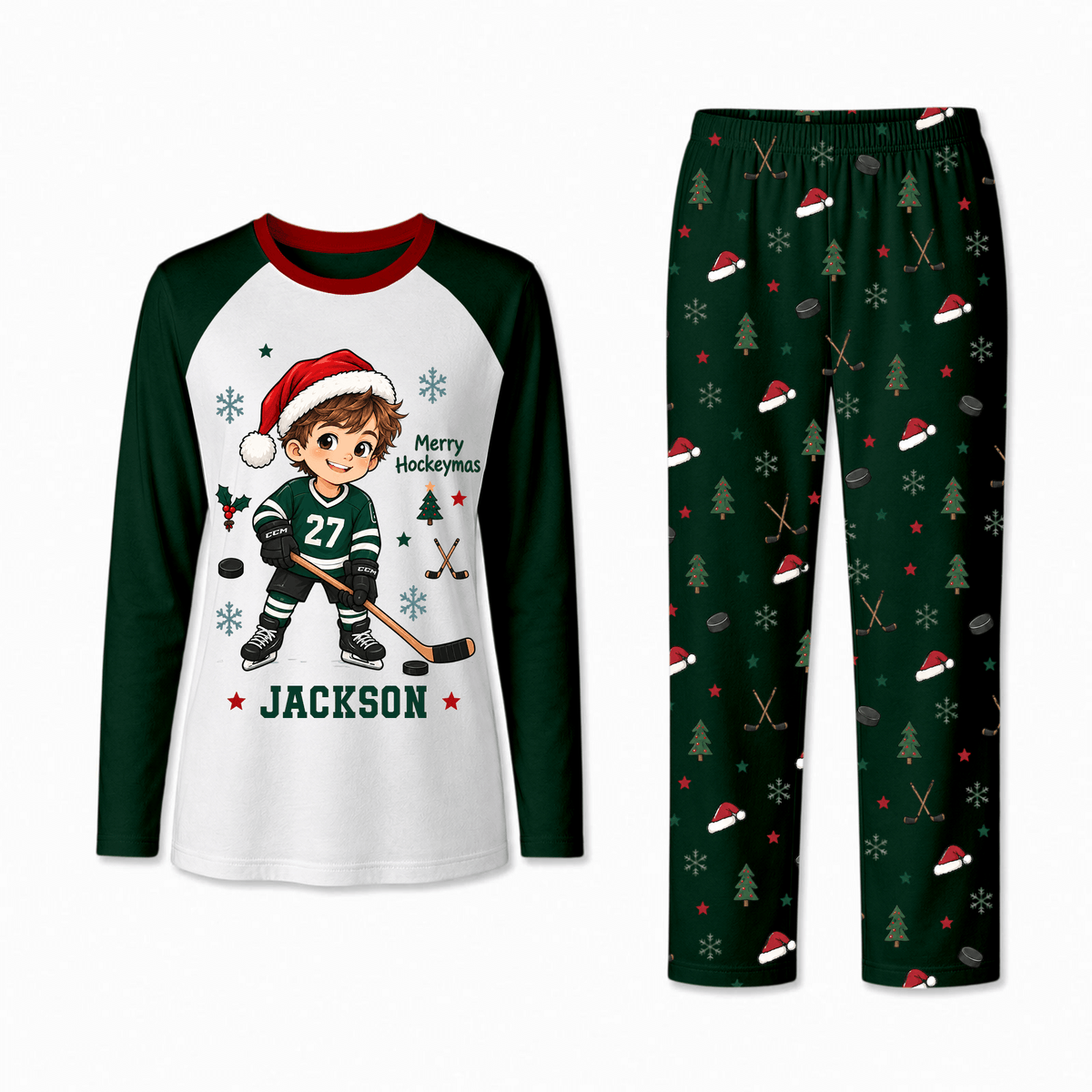 Personalized Hockey Christmas Pajamas Custom Name and Number Family Matching Holiday Pajama