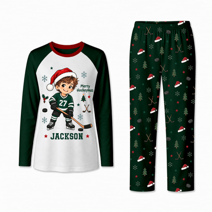 Personalized Hockey Christmas Pajamas Custom Name and Number Family Matching Holiday Pajama