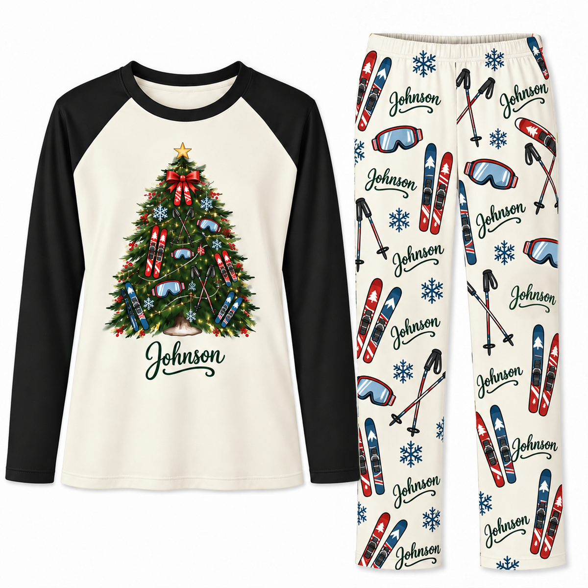 Personalized Family Name Skis & Snowflakes Christmas Tree Matching Pajamas