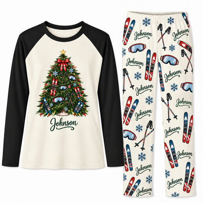 Personalized Family Name Skis & Snowflakes Christmas Tree Matching Pajamas
