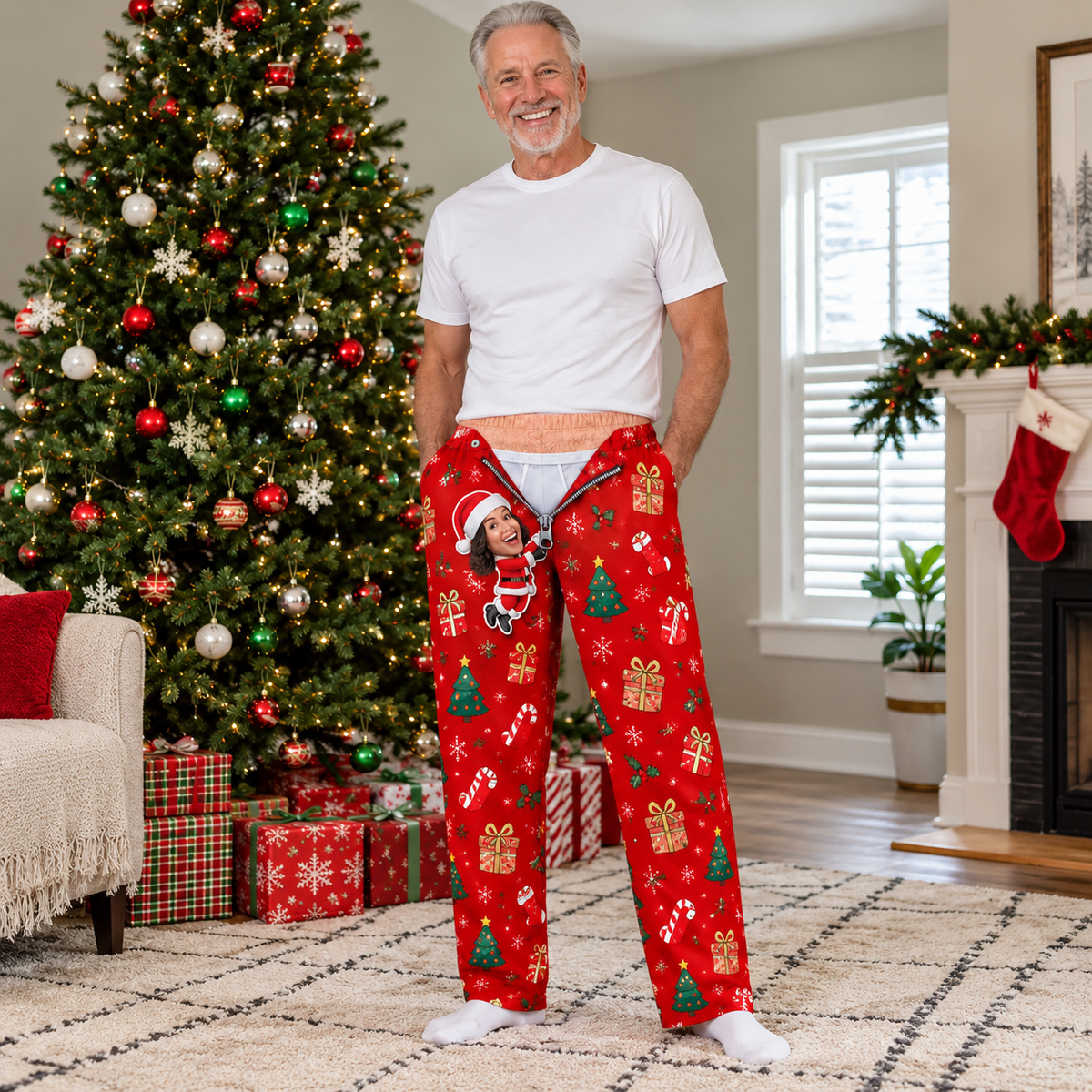 Personalized Face Christmas Pajama Pants – Custom Photo Elf Lounge Pants, Funny Matching Family Christmas Pajamas
