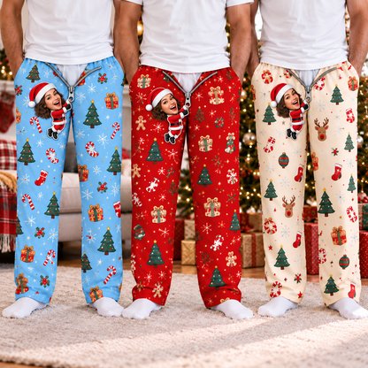 Personalized Face Christmas Pajama Pants – Custom Photo Elf Lounge Pants, Funny Matching Family Christmas Pajamas