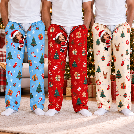 Personalized Face Christmas Pajama Pants – Custom Photo Elf Lounge Pants, Funny Matching Family Christmas Pajamas