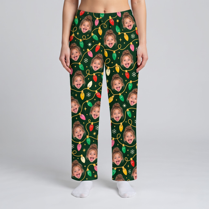 Custom Photo Christmas Lights Lounge Pants – Personalized Face Sleepwear & Pajama Pant