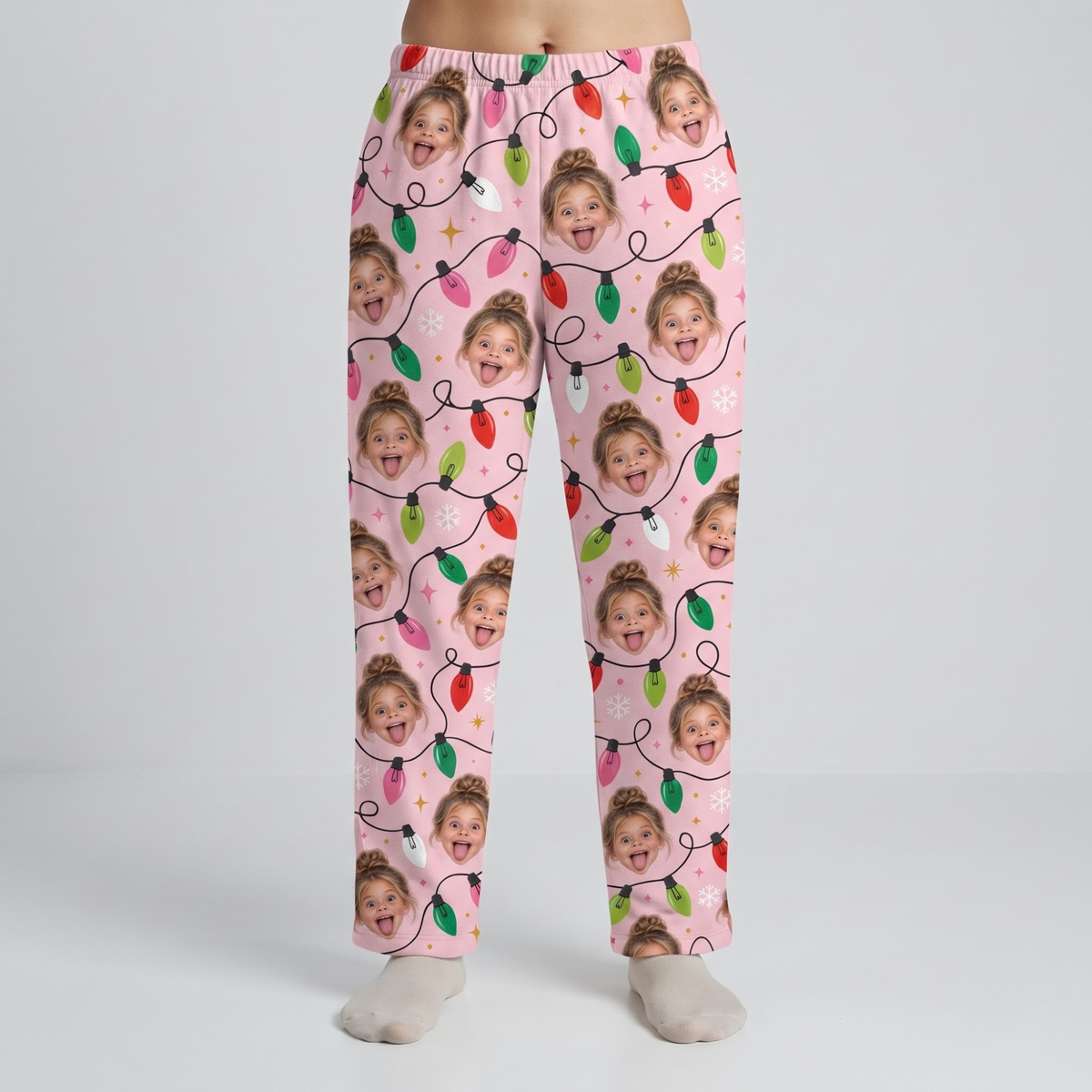 Custom Photo Christmas Lights Lounge Pants – Personalized Face Sleepwear & Pajama Pant