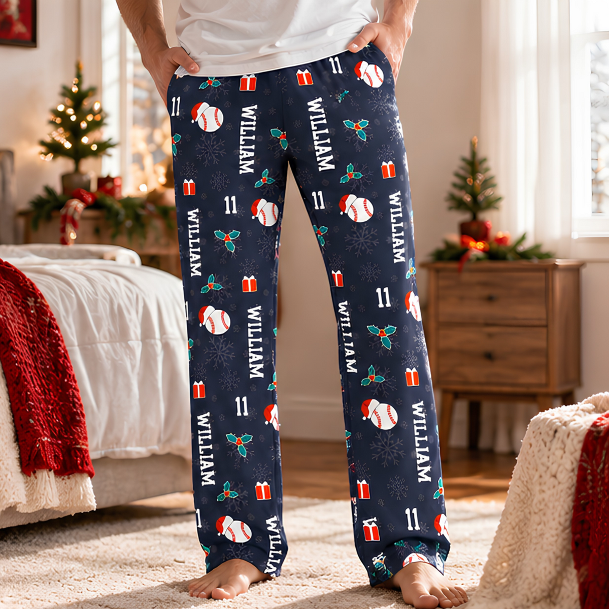 Personalized Baseball Christmas Pajama Pants, Custom Name & Number Baseball Lounge Pants, Baseball Player Christmas Gift