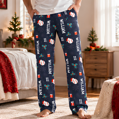 Personalized Baseball Christmas Pajama Pants, Custom Name & Number Baseball Lounge Pants, Baseball Player Christmas Gift