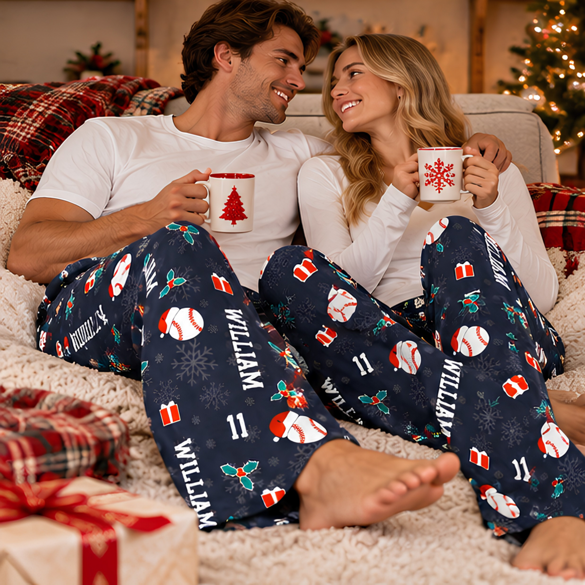 Personalized Baseball Christmas Pajama Pants, Custom Name & Number Baseball Lounge Pants, Baseball Player Christmas Gift