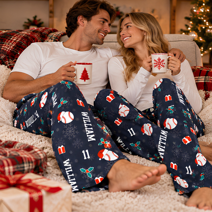 Personalized Baseball Christmas Pajama Pants, Custom Name & Number Baseball Lounge Pants, Baseball Player Christmas Gift