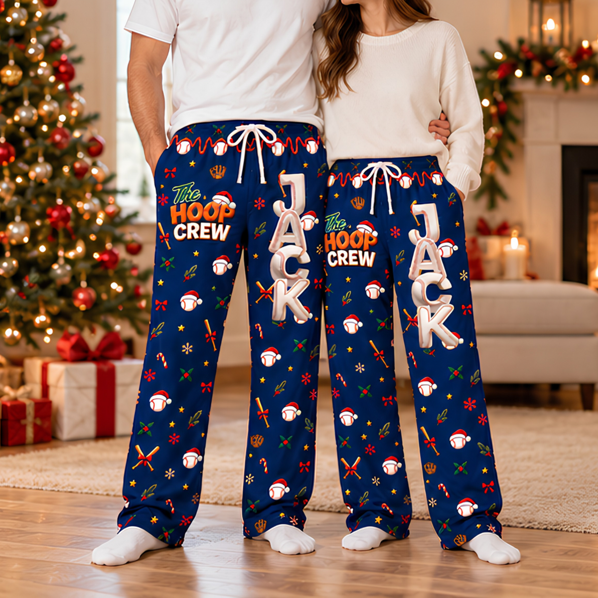 Personalized Baseball Christmas Pajama Pants, Custom Name Baseball Lounge Pants