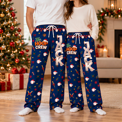 Personalized Baseball Christmas Pajama Pants, Custom Name Baseball Lounge Pants