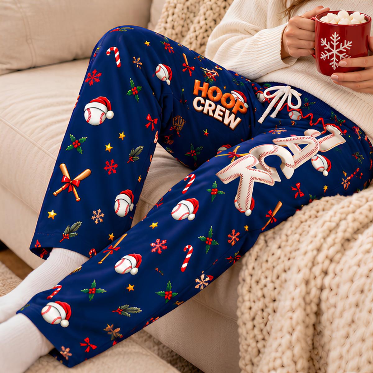 Personalized Baseball Christmas Pajama Pants, Custom Name Baseball Lounge Pants